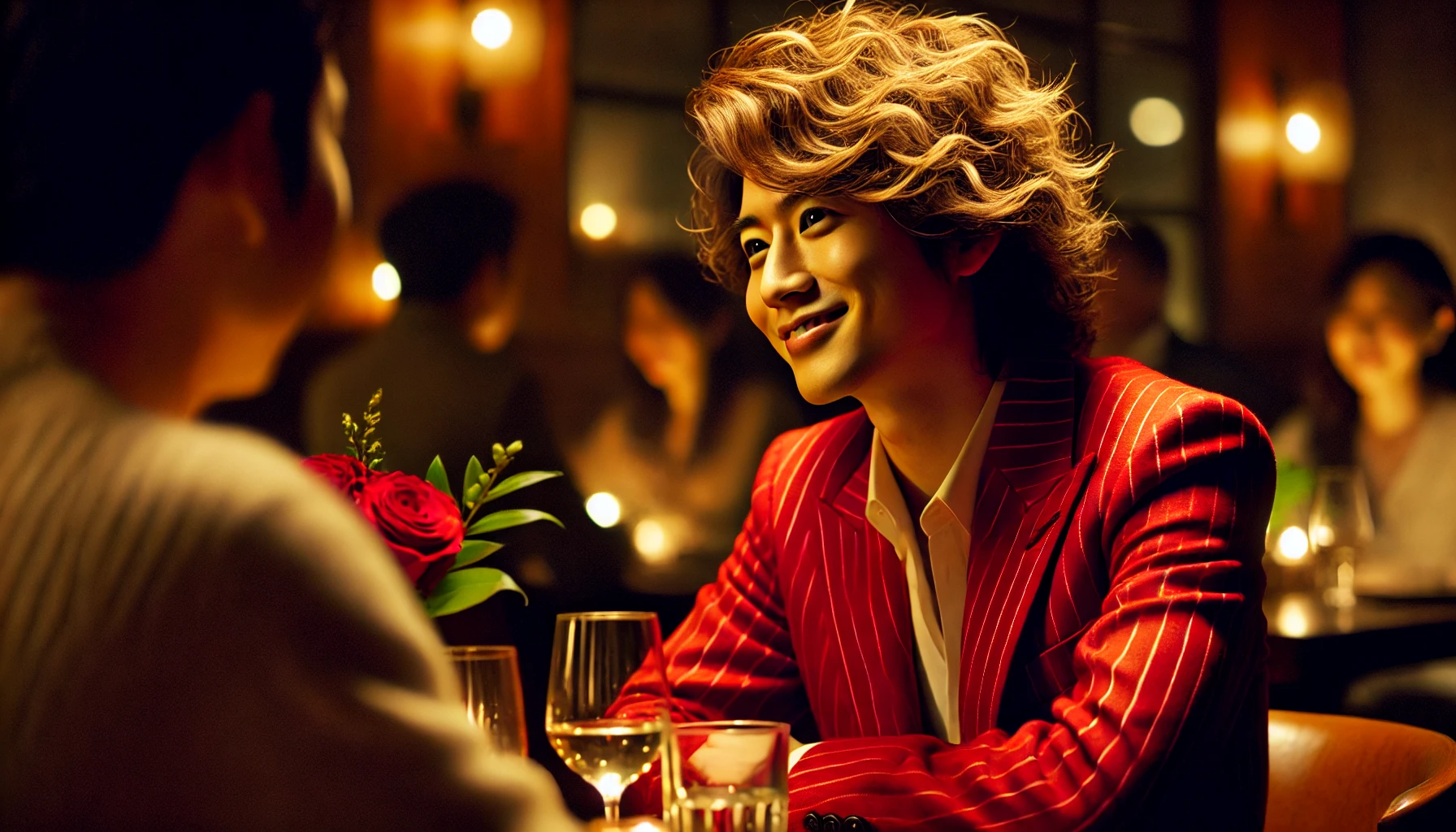 A Japanese comedian wearing a red suit with wavy blonde hair, caught in a moment during a date at a stylish restaurant. The comedian is smiling, engaged in conversation, while the atmosphere is cozy and romantic with dim lighting.