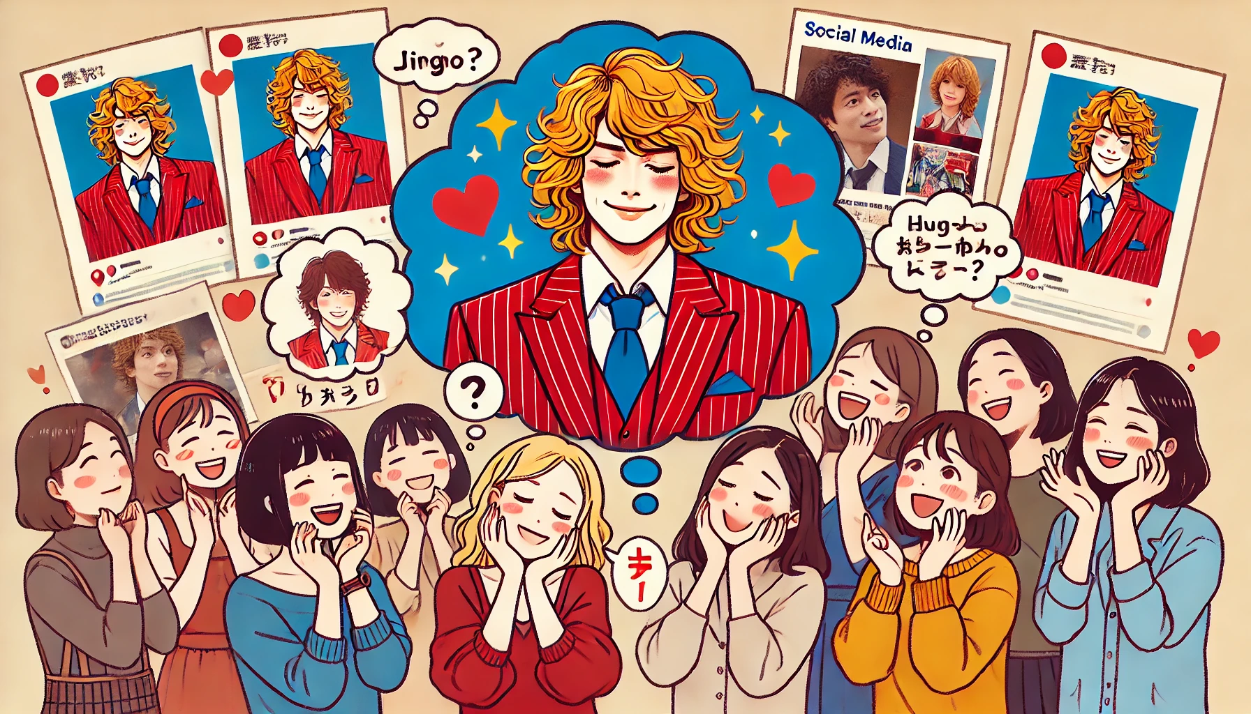 A group of fans imagining and discussing the potential wife of a Japanese comedian wearing a red suit with wavy blonde hair. The scene is playful, with people excitedly sharing their ideas, surrounded by fan-made posters and social media feeds.