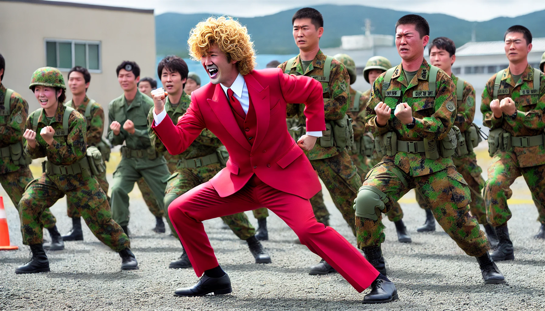 A Japanese comedian with wavy blonde hair, wearing a red suit, actively participating in a Japanese Self-Defense Forces (JSDF) training session. The scene shows the comedian in military gear, engaging in a physical drill alongside JSDF soldiers in an outdoor training ground.