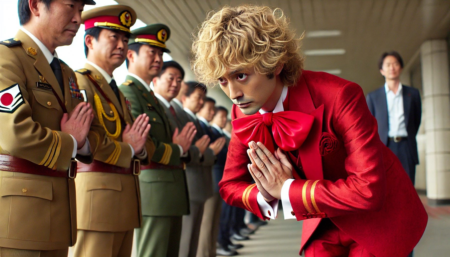 A Japanese comedian with wavy blonde hair, wearing a red suit, bowing respectfully in front of Japanese Self-Defense Forces (JSDF) officers. The setting is an official military area with a sense of formality. The comedian’s expression shows deep appreciation and respect.