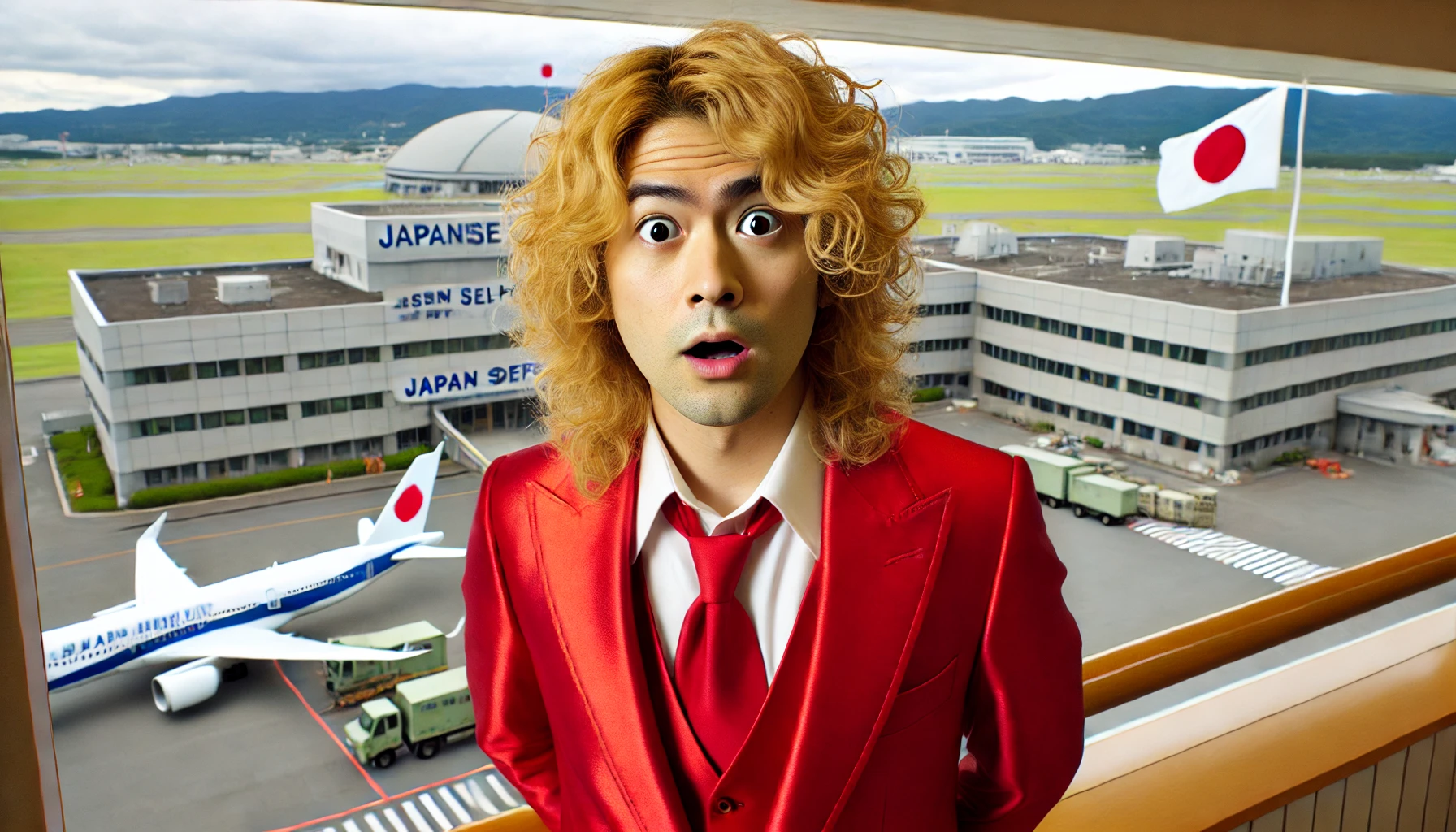 A Japanese comedian with wavy blonde hair wearing a red suit, standing in front of a military base, looking surprised. The background features a Japanese Self-Defense Forces (JSDF) facility. The setting is bright and professional, with a hint of curiosity in the comedian’s expression.