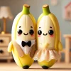 A cute anthropomorphic banana couple standing together, smiling warmly. They have expressive eyes, wear tiny accessories like a bow tie and a necklace, and are standing in a cozy home setting.