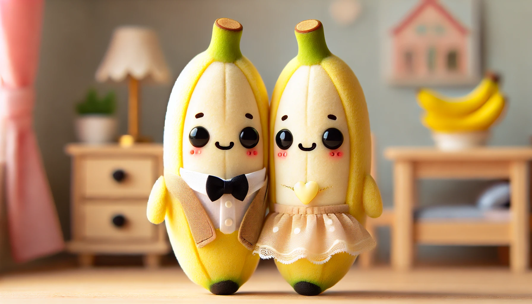 A cute anthropomorphic banana couple standing together, smiling warmly. They have expressive eyes, wear tiny accessories like a bow tie and a necklace, and are standing in a cozy home setting.