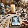 A social media post featuring a minimalist Japanese-style table setting with spiritual elements like candles, crystals, and a journal. The scene has an Instagram aesthetic with soft focus, natural lighting, and a cozy atmosphere. Horizontal aspect ratio (16:9).