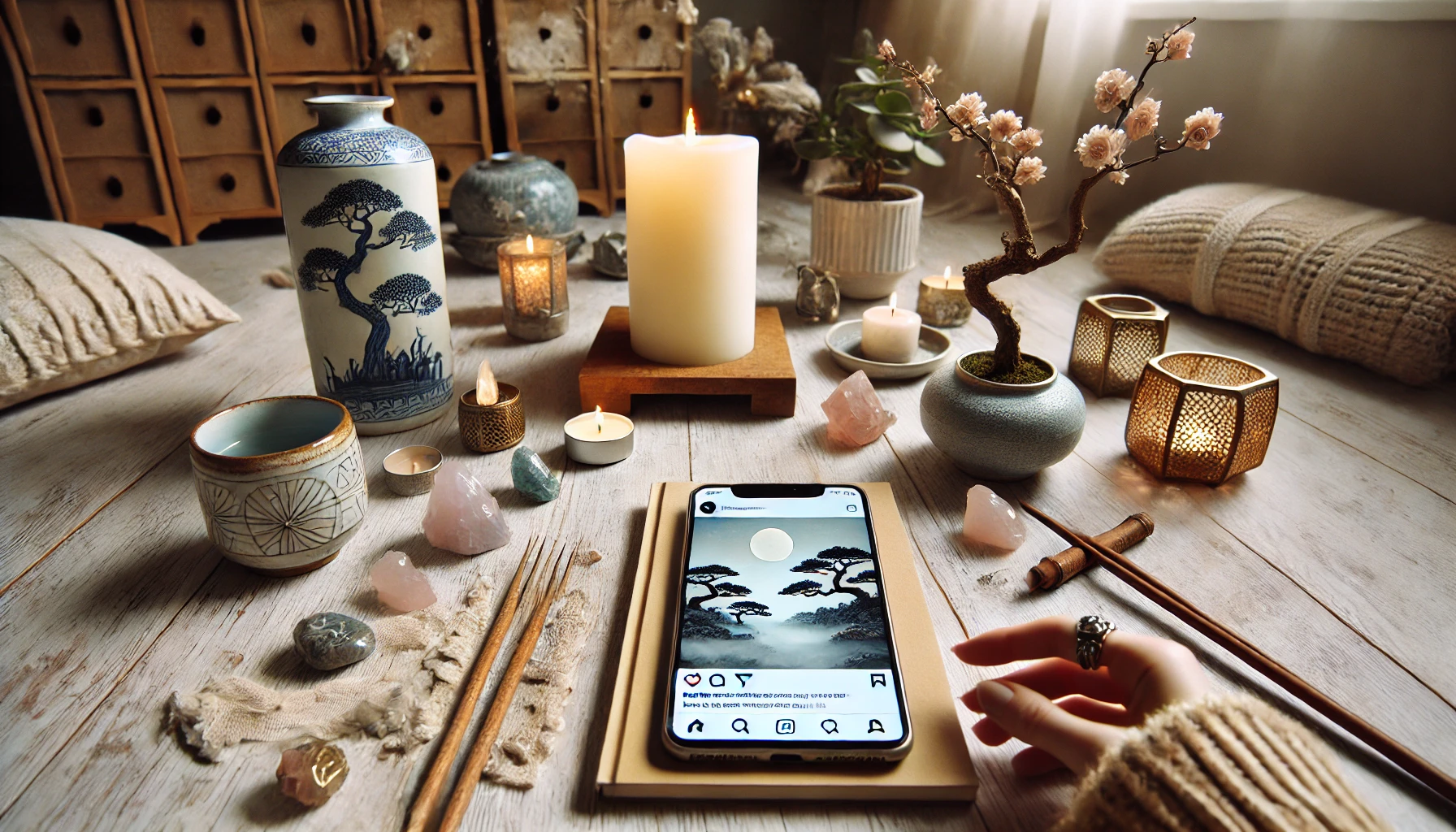 A social media post featuring a minimalist Japanese-style table setting with spiritual elements like candles, crystals, and a journal. The scene has an Instagram aesthetic with soft focus, natural lighting, and a cozy atmosphere. Horizontal aspect ratio (16:9).