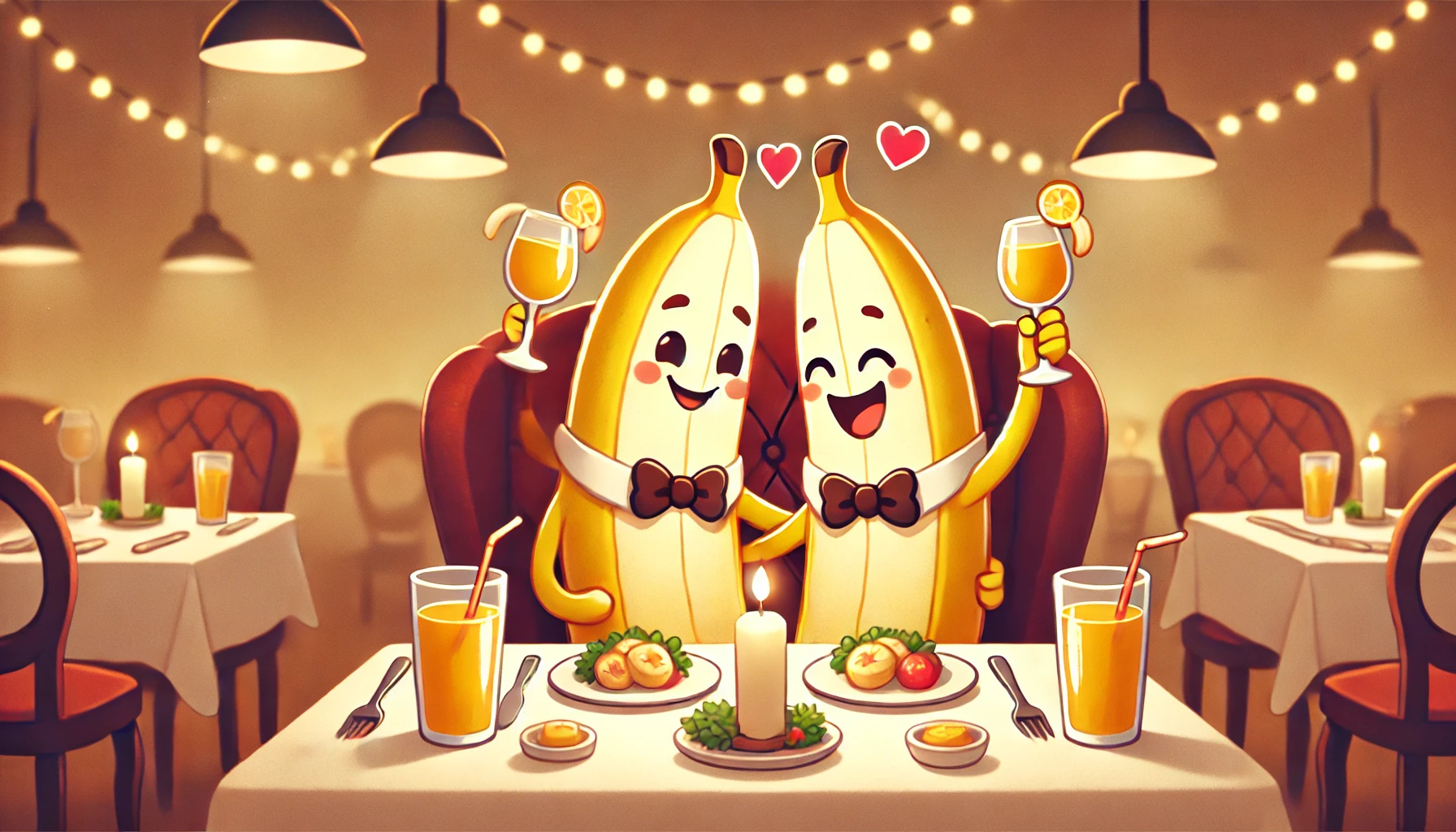 An anthropomorphic banana couple enjoying a romantic dinner at a cozy restaurant. They have candles on the table, share a joyful moment, and toast with glasses of juice. The background is softly lit for a warm ambiance.