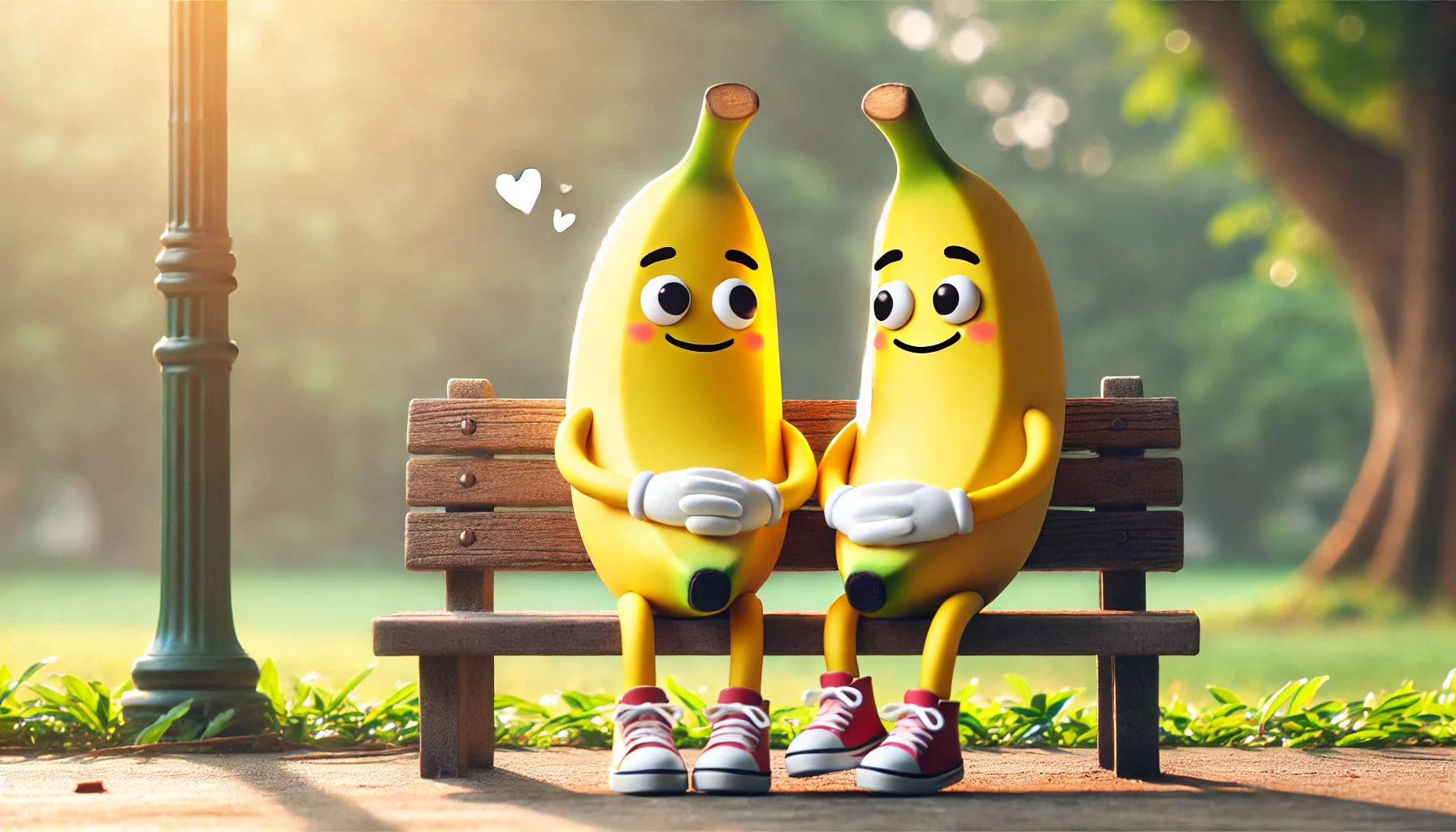 An anthropomorphic banana couple sitting together on a park bench, reminiscing about their first meeting. The scene is set in a peaceful park with soft sunlight, and the bananas have expressive, happy faces.