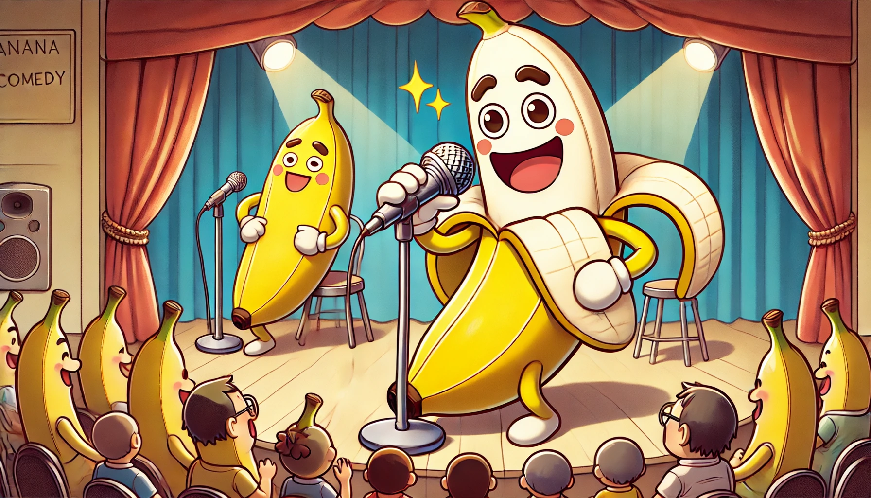 A cartoon-style anthropomorphic banana comedy duo, featuring a chubby character resembling Banana-man's Himura. The scene shows them performing on stage with microphones, engaging in a humorous skit. The setting is a comedy club with a cheerful audience. The chubby banana character has expressive features and a lively personality. The second banana character, representing the partner, is laughing along.