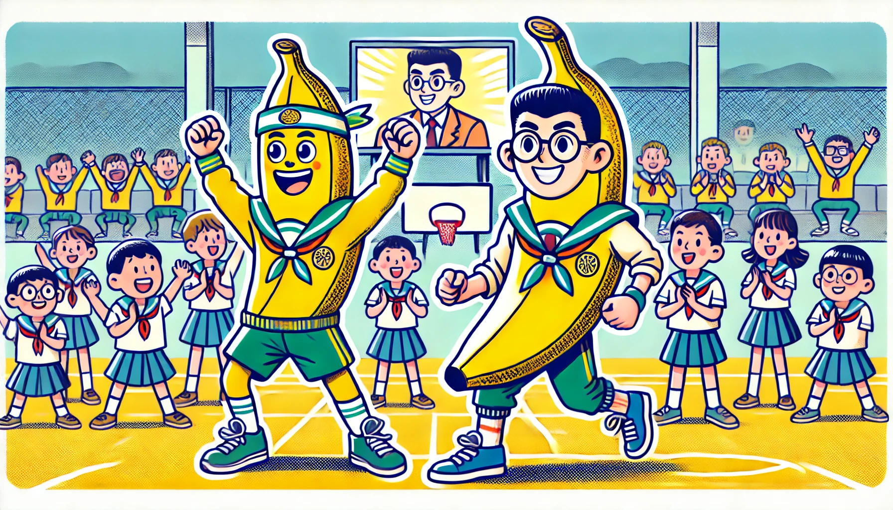 A cartoon-style anthropomorphic banana comedy duo, depicting Banana-man's Himura during his school years. The scene features the slimmer banana character actively participating in a school event, such as a sports competition or a comedy club performance. The setting includes a lively school background with classmates cheering. The character has an enthusiastic and determined expression.