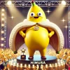 A cartoon-style anthropomorphic banana comedy duo, featuring Banana-man's Himura during his big break. The scene captures the moment of success, with the chubby banana character receiving an award or performing in front of a massive audience. The setting is a grand stage with bright lights and a cheering crowd. The character's expression is full of excitement and triumph.