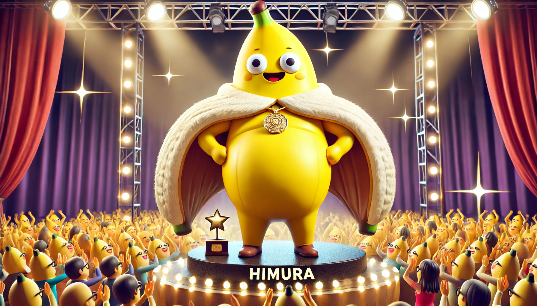 A cartoon-style anthropomorphic banana comedy duo, featuring Banana-man's Himura during his big break. The scene captures the moment of success, with the chubby banana character receiving an award or performing in front of a massive audience. The setting is a grand stage with bright lights and a cheering crowd. The character's expression is full of excitement and triumph.