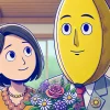 A personified banana comedy duo featuring the slimmer member, representing Shitara from Banana Man, expressing deep gratitude to his wife. The banana character, dressed in a suit, holds a bouquet of flowers and looks at his wife with appreciation. The wife, a kind and caring female banana character, smiles warmly. The background features a softly lit home, emphasizing a heartfelt moment of love and appreciation.