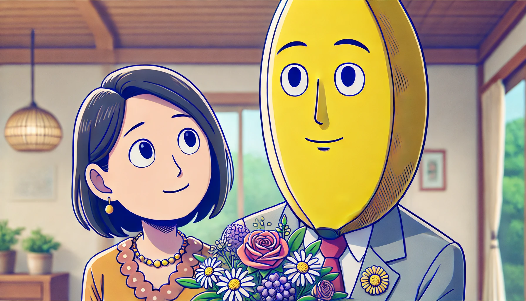 A personified banana comedy duo featuring the slimmer member, representing Shitara from Banana Man, expressing deep gratitude to his wife. The banana character, dressed in a suit, holds a bouquet of flowers and looks at his wife with appreciation. The wife, a kind and caring female banana character, smiles warmly. The background features a softly lit home, emphasizing a heartfelt moment of love and appreciation.