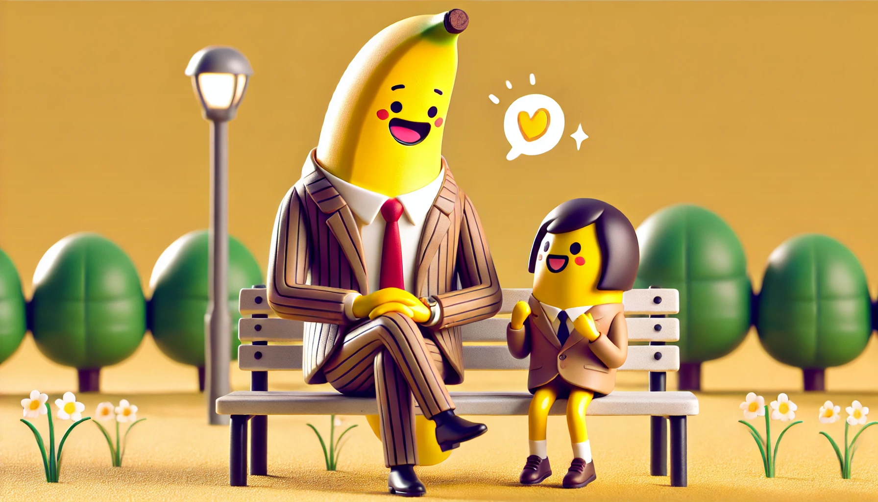 A personified banana comedy duo featuring the slimmer member, representing Shitara from Banana Man, sharing a touching moment with his daughter. The banana character, dressed in a suit, is sitting on a park bench with a smaller, younger banana character (his daughter), as they laugh and talk together. The background features a bright and warm park setting, emphasizing a heartfelt and loving father-daughter relationship.