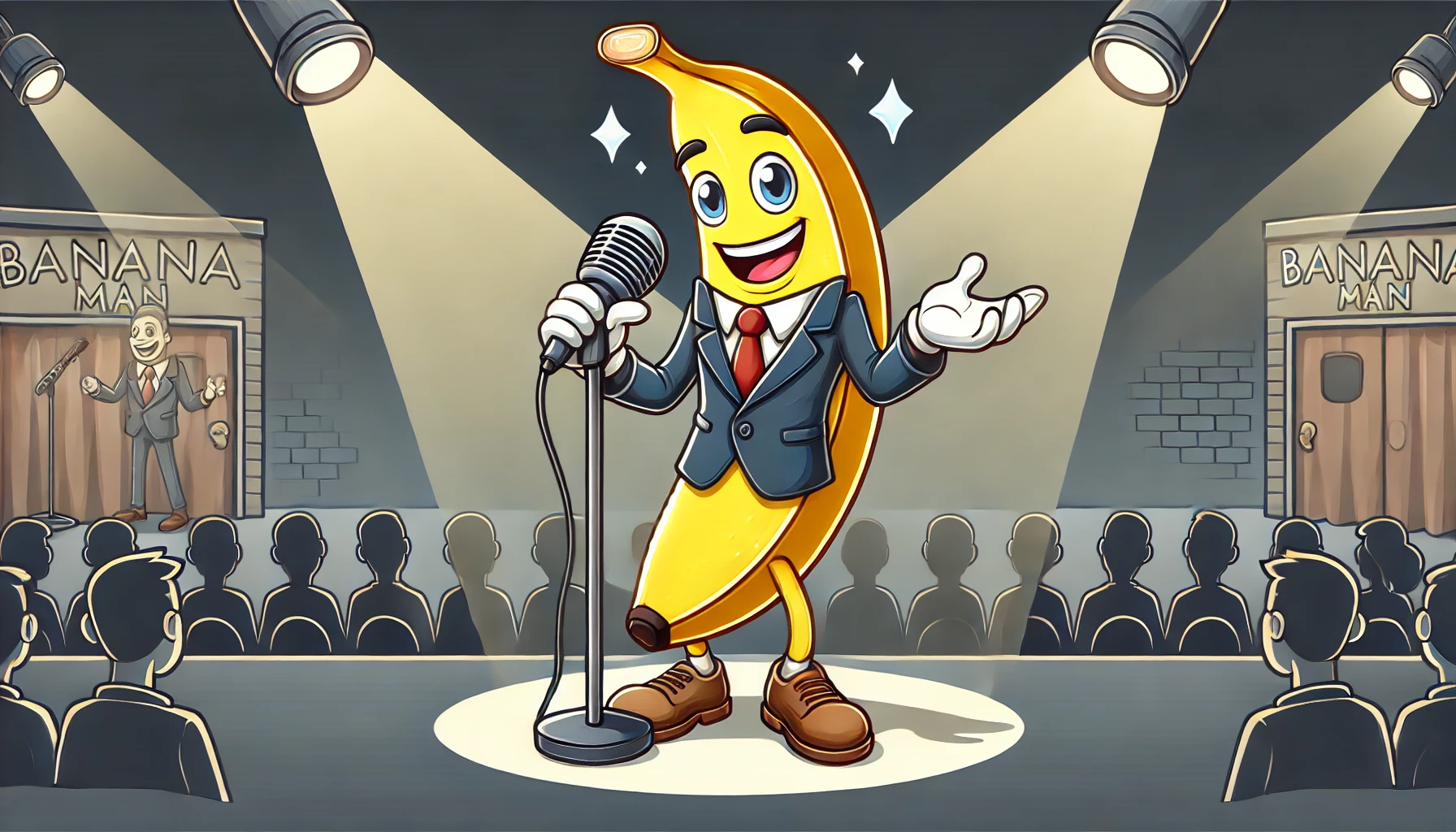 A personified banana comedy duo featuring the slimmer member, representing Shitara from Banana Man. The banana character is lively and expressive, wearing a suit and performing a comedy act on stage. The background features a spotlight and an audience, giving it a comedy club atmosphere. The character is designed in a fun and engaging cartoon style, keeping a humorous yet recognizable resemblance to a stand-up comedian.