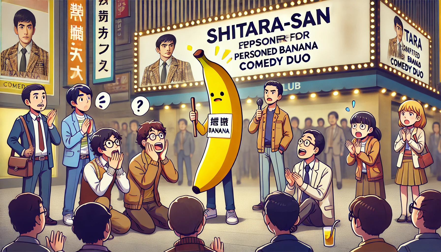 A group of fans expressing concern for a personified banana comedy duo, focusing on the slender Shitara-san. The fans are animated, holding signs and appearing worried. The setting is outside a comedy club, emphasizing a supportive fan atmosphere. The scene should be lively and engaging.