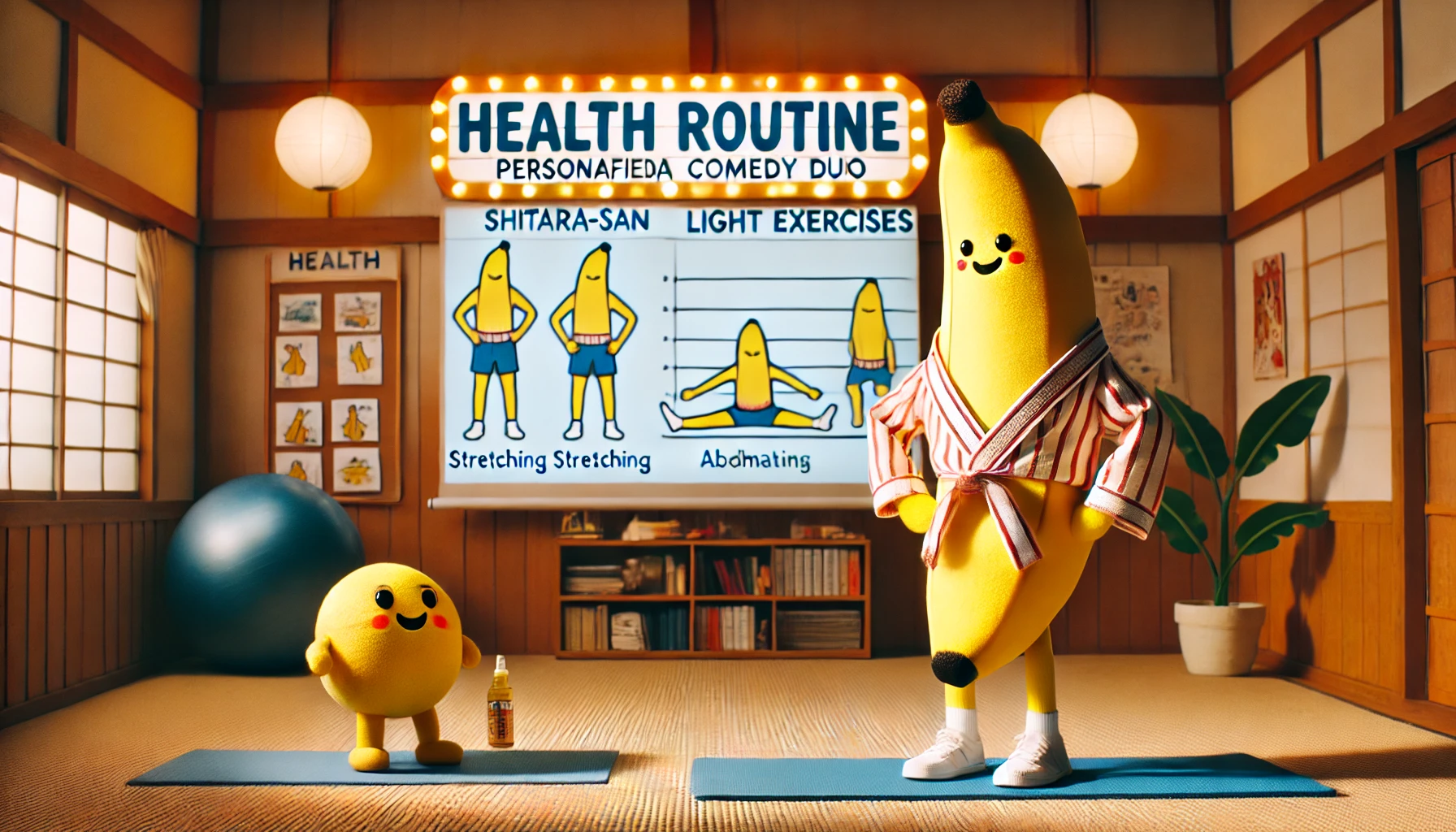 A personified banana comedy duo, featuring the slender Shitara-san demonstrating his health routine. The scene includes him practicing light exercises like stretching and simple abdominal workouts. The setting is a cozy indoor space with a warm, motivational atmosphere. The style is lively and engaging.