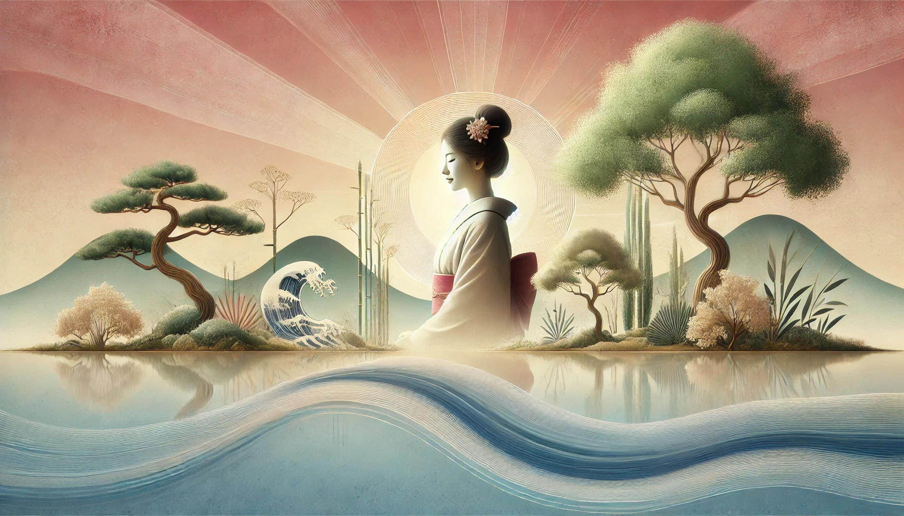 An artistic representation of a serene Japanese woman in a tranquil setting surrounded by natural elements like flowing water, trees, and soft sunlight, symbolizing spirituality and mindfulness. The background showcases harmony with nature in a soft, pastel-toned landscape. Horizontal aspect ratio (16:9).