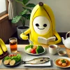 A personified banana comedy duo, featuring the slender Shitara-san enjoying a healthy meal as part of his diet management. The scene includes a table with nutritious food like vegetables, fish, and tea. The setting is a calm and well-lit dining space, emphasizing a balanced and health-conscious lifestyle.