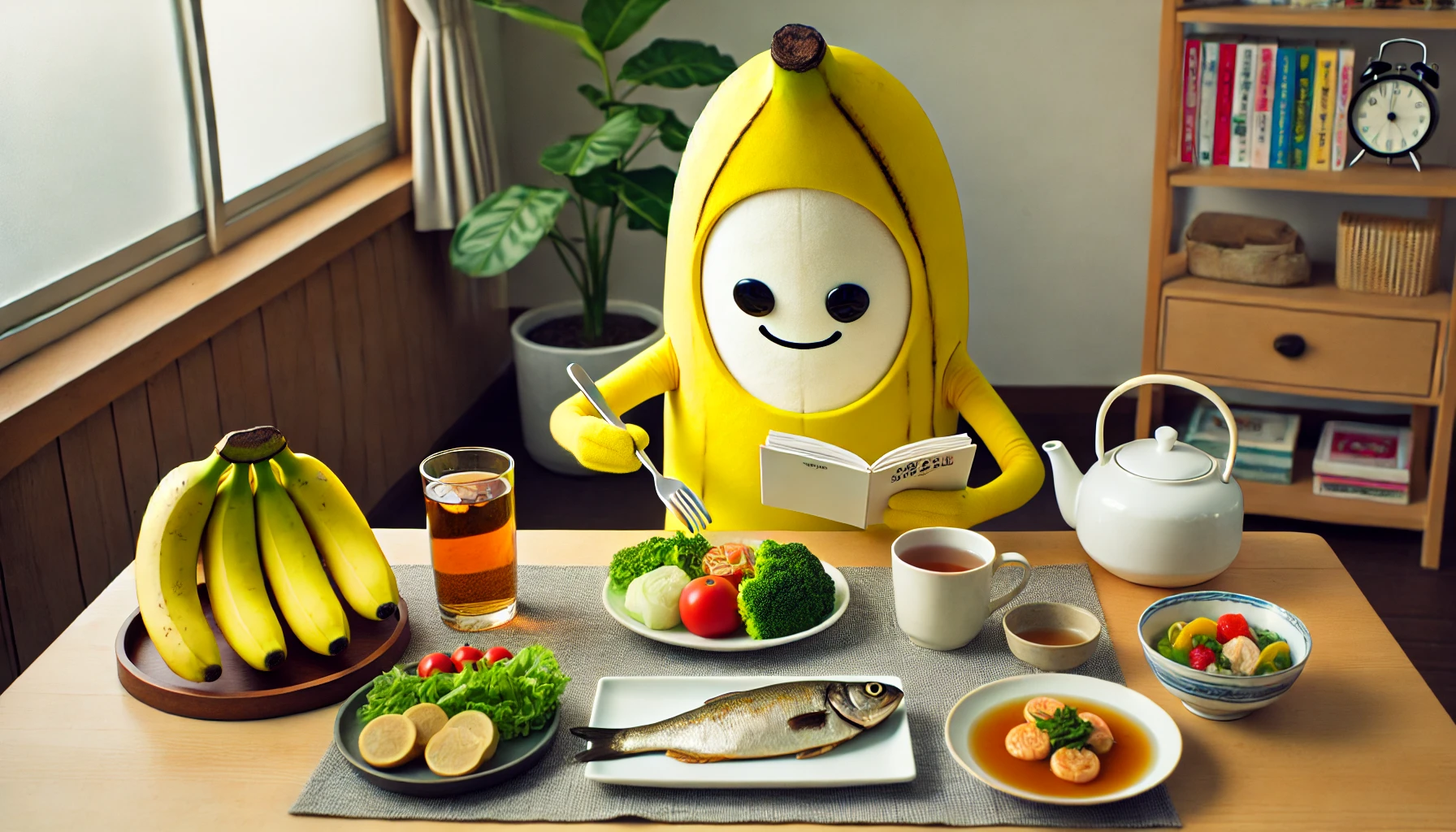 A personified banana comedy duo, featuring the slender Shitara-san enjoying a healthy meal as part of his diet management. The scene includes a table with nutritious food like vegetables, fish, and tea. The setting is a calm and well-lit dining space, emphasizing a balanced and health-conscious lifestyle.