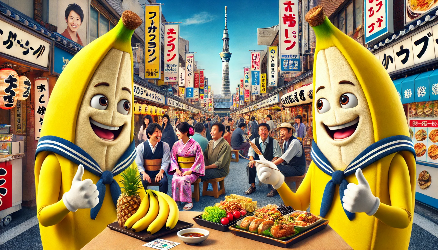 A comedy duo of anthropomorphic bananas visiting various locations across Japan, enjoying local gourmet foods recommended by the residents. The scene is vibrant and cheerful, resembling a travel and food variety show. The anthropomorphic bananas are animated with expressive faces and engaging interactions with locals. The background showcases a bustling Japanese street with food stalls and traditional restaurants. The image should be colorful and inviting, capturing the excitement of discovering delicious cuisine.