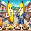 A comedy duo of anthropomorphic bananas hosting a variety show where they enjoy local gourmet food recommended by townspeople. The setting is a vibrant street market with cheerful interactions. The bananas are dressed in casual comedy outfits, engaging with locals and tasting delicious dishes. The scene is colorful and lively, with a fun, lighthearted atmosphere. The style is semi-realistic with a slight cartoonish touch, and all characters, including the townspeople, appear as Japanese individuals. The image is in a 16:9 wide format.