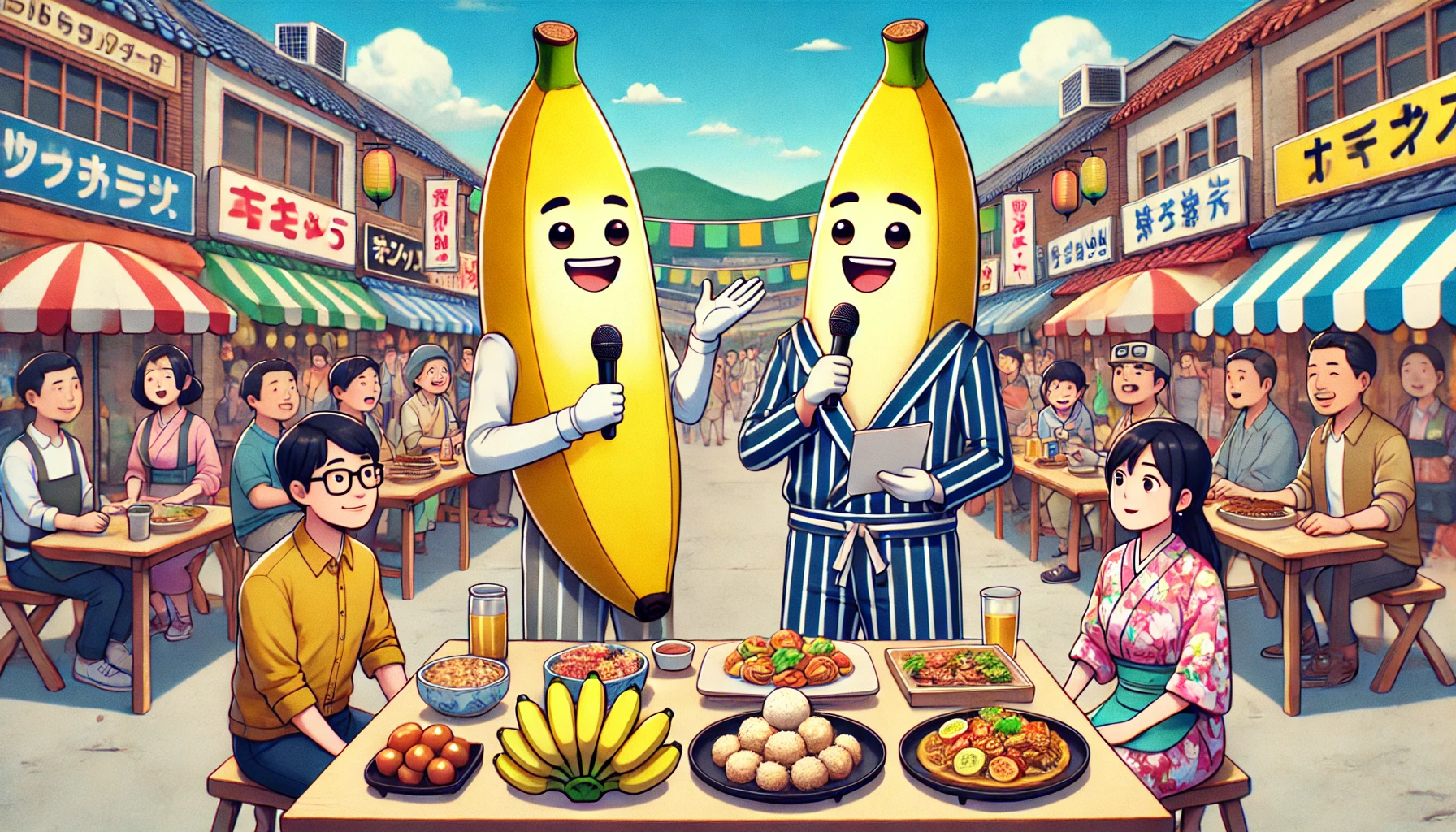 A comedy duo of anthropomorphic bananas hosting a variety show where they enjoy local gourmet food recommended by townspeople. The setting is a vibrant street market with cheerful interactions. The bananas are dressed in casual comedy outfits, engaging with locals and tasting delicious dishes. The scene is colorful and lively, with a fun, lighthearted atmosphere. The style is semi-realistic with a slight cartoonish touch, and all characters, including the townspeople, appear as Japanese individuals. The image is in a 16:9 wide format.