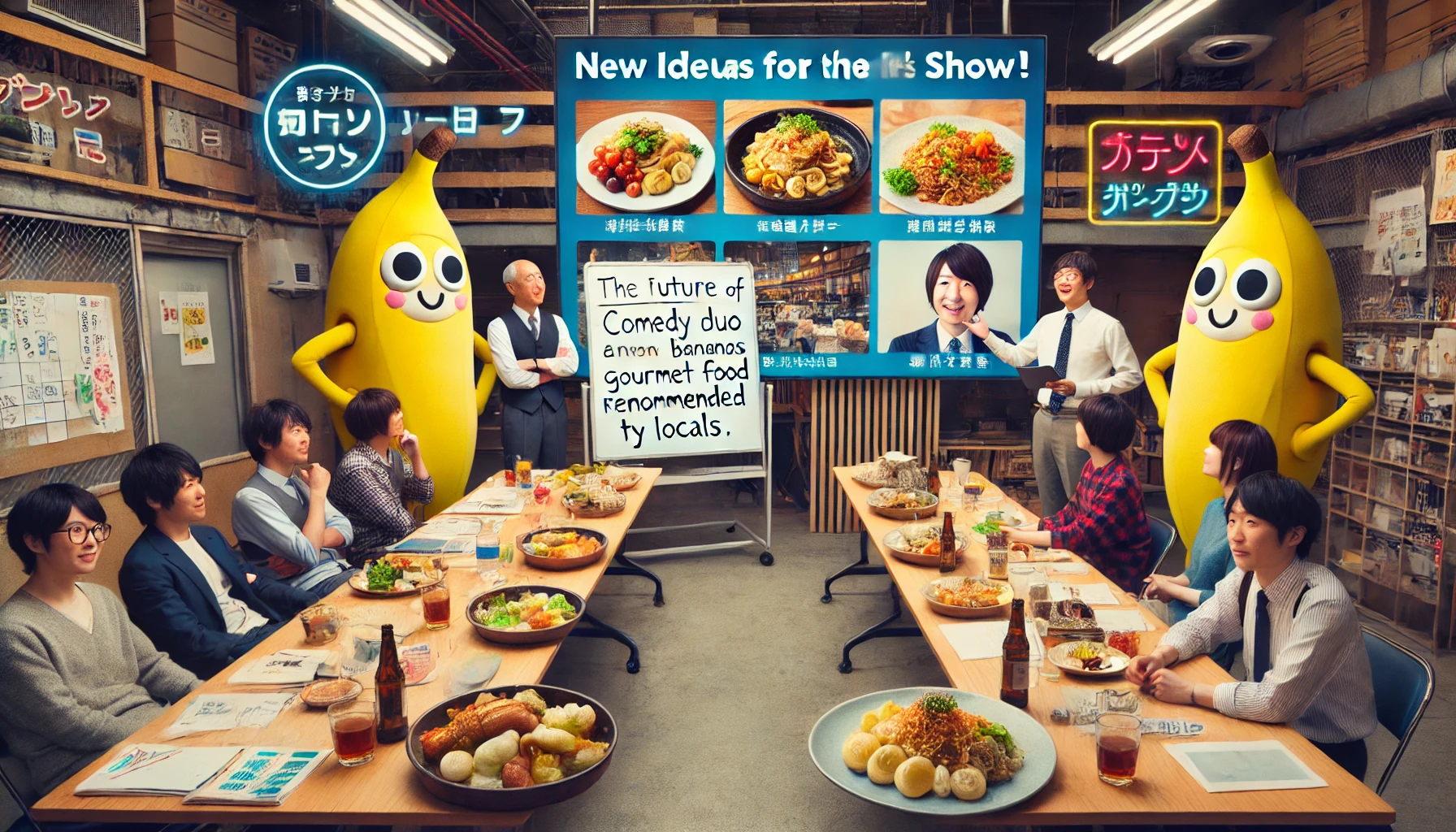 The future of a variety show featuring a comedy duo of anthropomorphic bananas enjoying gourmet food recommended by locals. The scene is a production meeting at a TV studio, where Japanese producers and staff discuss new ideas for the show's next season. Whiteboards with brainstorming notes, a large screen displaying the show’s highlights, and a lively discussion atmosphere. The focus is on planning and innovation for the show’s future. The image is in a 16:9 wide format.