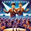 A digital illustration depicting a Japanese comedy duo, Reiwa Roman, on a theater stage performing stand-up comedy with a microphone. The audience is laughing and clapping. The background is dimly lit with stage lights shining on the comedians. The image is vibrant and engaging, capturing the atmosphere of a live comedy performance.