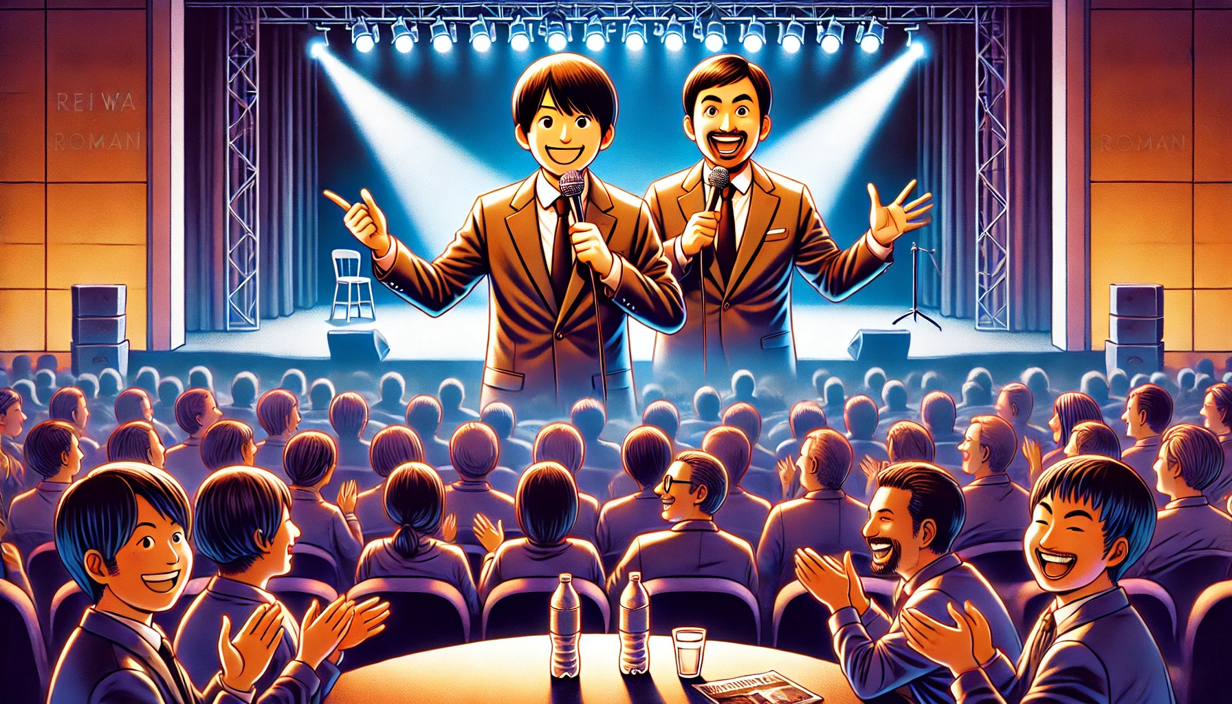 A digital illustration depicting a Japanese comedy duo, Reiwa Roman, on a theater stage performing stand-up comedy with a microphone. The audience is laughing and clapping. The background is dimly lit with stage lights shining on the comedians. The image is vibrant and engaging, capturing the atmosphere of a live comedy performance.