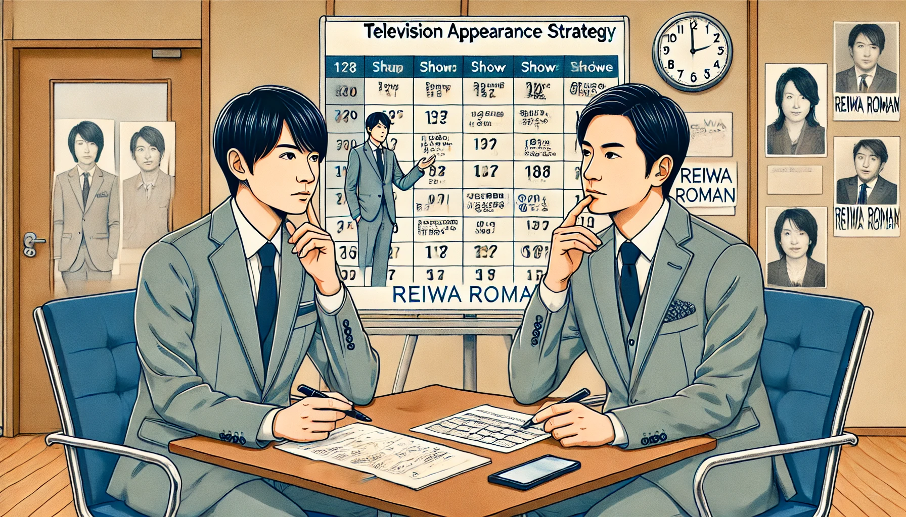 A digital illustration of a Japanese comedy duo, Reiwa Roman, discussing their television appearance strategy. They are seated in a studio-like setting with notes and a whiteboard behind them that has a schedule and show names written. Their expressions are serious yet thoughtful, reflecting strategic planning. The environment is professional but relaxed.