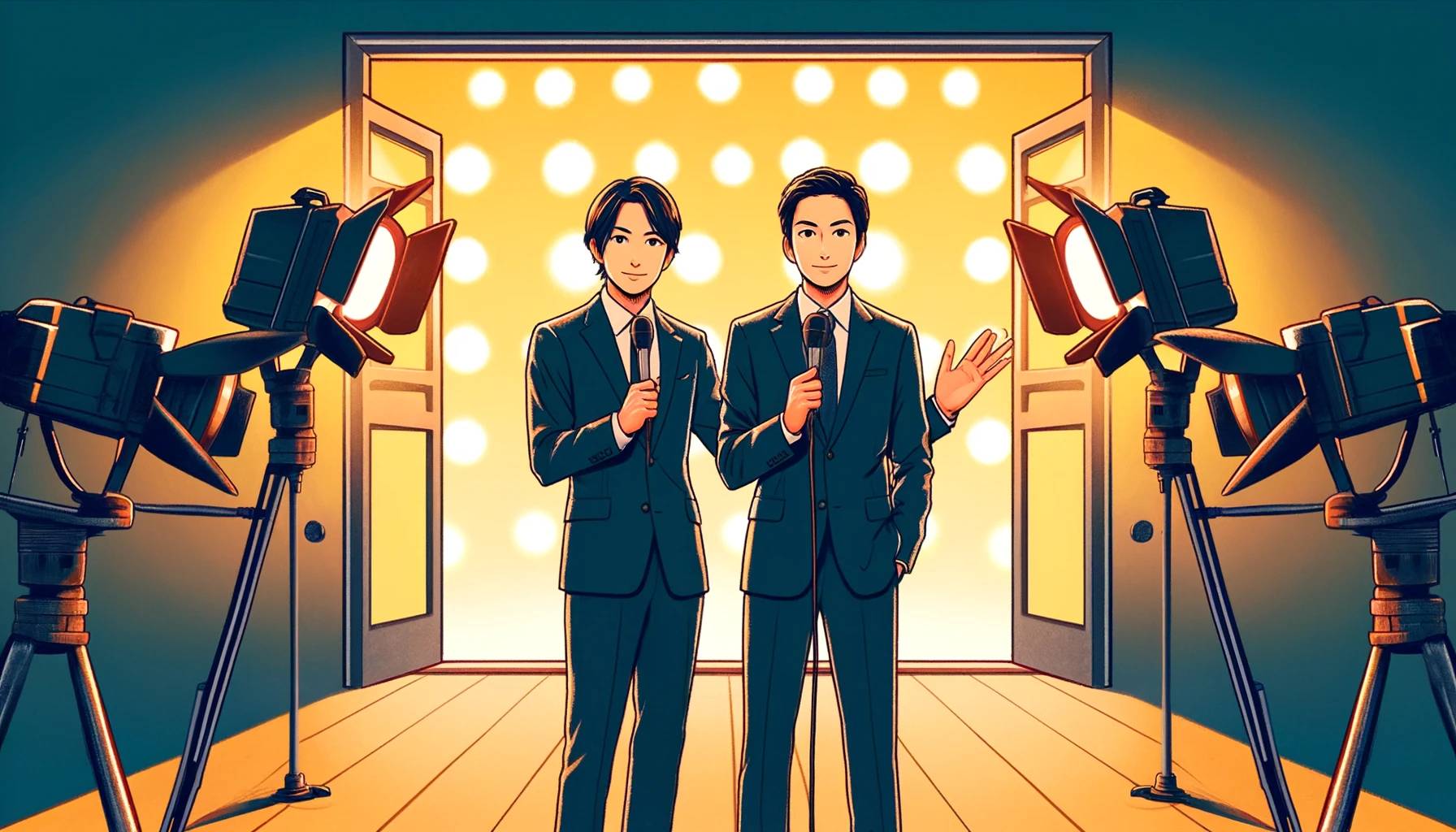 A digital illustration showing a Japanese comedy duo, Reiwa Roman, standing in front of a television studio, looking towards the future with anticipation. One holds a microphone, while the other gestures towards the studio entrance. The scene suggests potential upcoming opportunities for TV appearances, with bright lights in the background symbolizing hope and ambition.