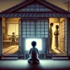 A conceptual illustration depicting a young Japanese boy in a complex family environment. The scene features a small Japanese apartment with a dimly lit atmosphere. A child sits alone in front of a television, absorbed in the screen, while the background shows subtle signs of family tension, such as slightly ajar doors revealing silhouettes of arguing parents. The mood is melancholic yet thought-provoking, symbolizing a difficult childhood.