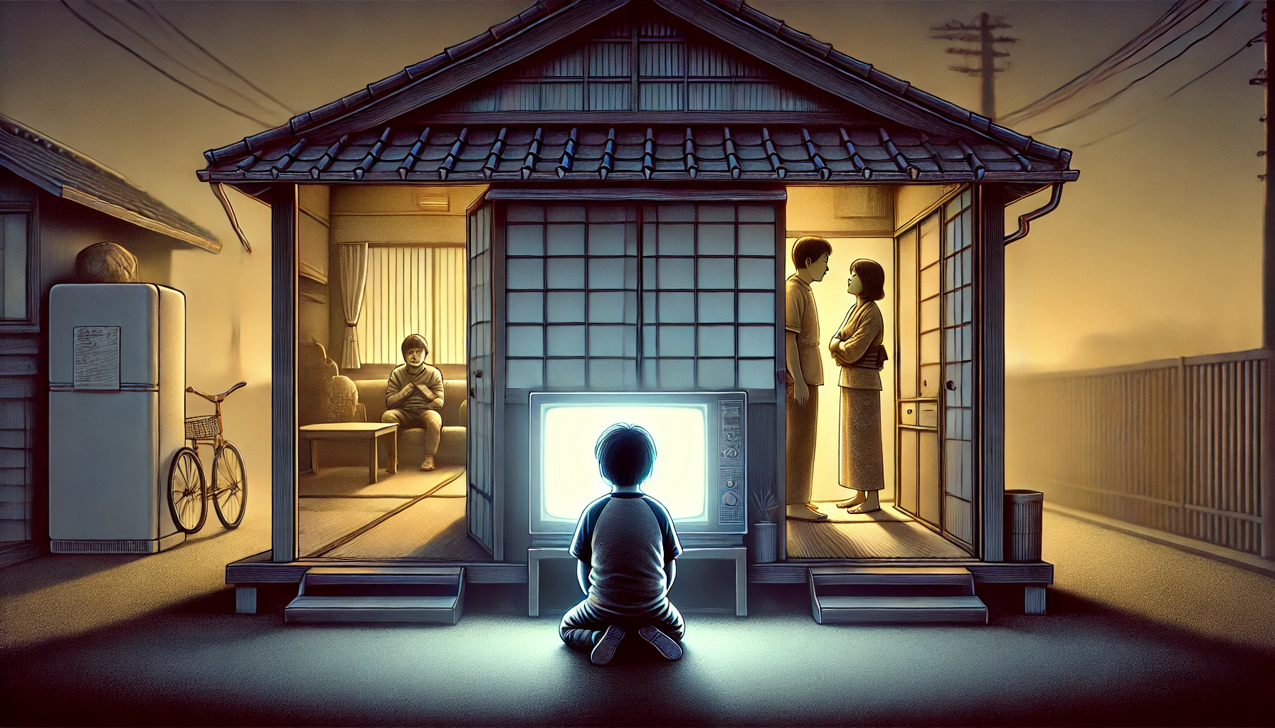 A conceptual illustration depicting a young Japanese boy in a complex family environment. The scene features a small Japanese apartment with a dimly lit atmosphere. A child sits alone in front of a television, absorbed in the screen, while the background shows subtle signs of family tension, such as slightly ajar doors revealing silhouettes of arguing parents. The mood is melancholic yet thought-provoking, symbolizing a difficult childhood.