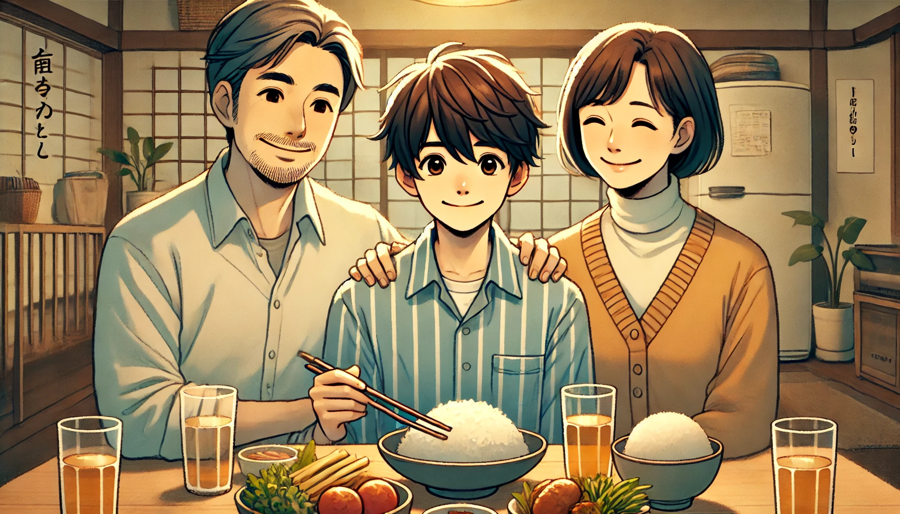 A heartwarming illustration of a Japanese young man and his parents in a cozy family setting. The scene shows them sitting together in a warmly lit home, smiling and sharing a meal. The atmosphere is harmonious and loving, symbolizing a strong and positive family bond. The parents look proud and happy, emphasizing their good relationship with their son.