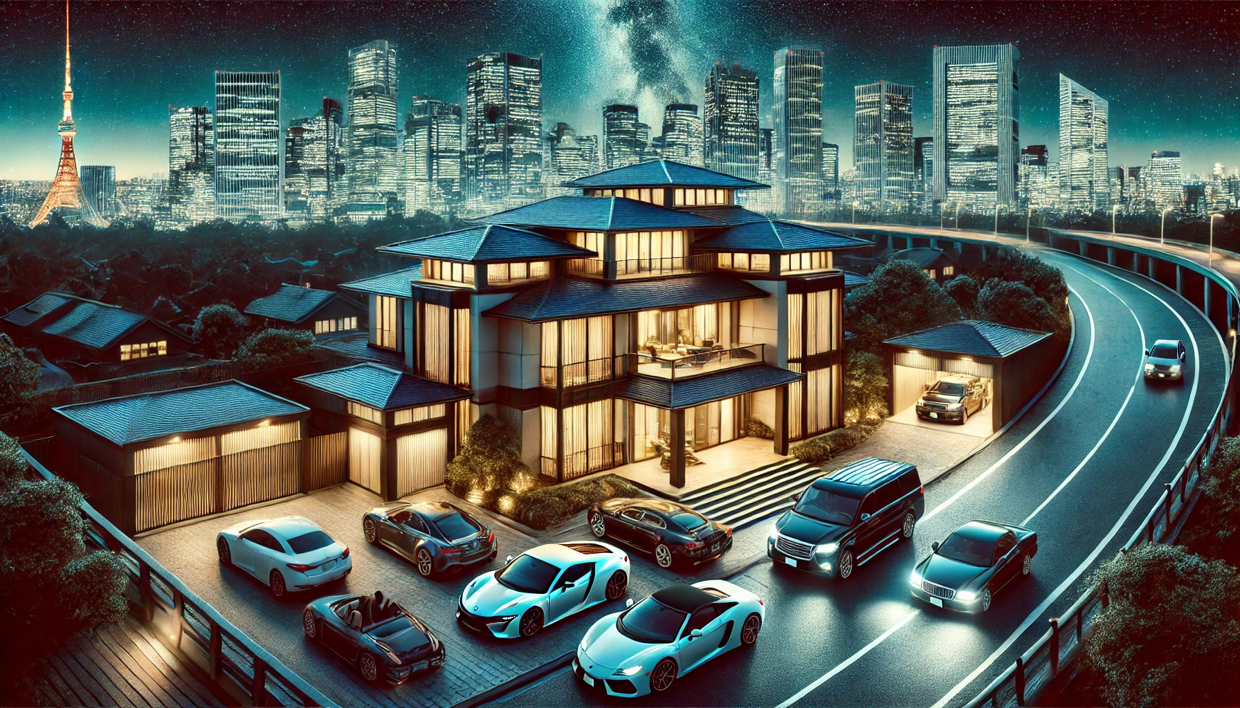 An artistic depiction of luxury and wealth in Japan. The image features a modern Japanese mansion with elegant architecture, expensive cars parked outside, and a stunning night cityscape in the background. The scene exudes opulence, refinement, and a sense of financial success, symbolizing the rumors of being wealthy.