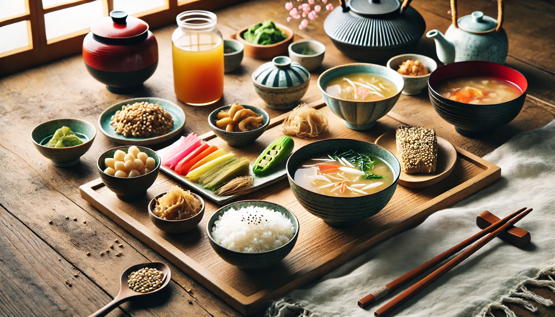 A beautifully arranged Japanese vegan meal set on a wooden table, featuring miso soup, rice, and colorful fermented vegetables. The setting includes soft natural lighting, a minimalistic table setup, and traditional Japanese dishware, emphasizing health and spirituality. Horizontal aspect ratio (16:9).