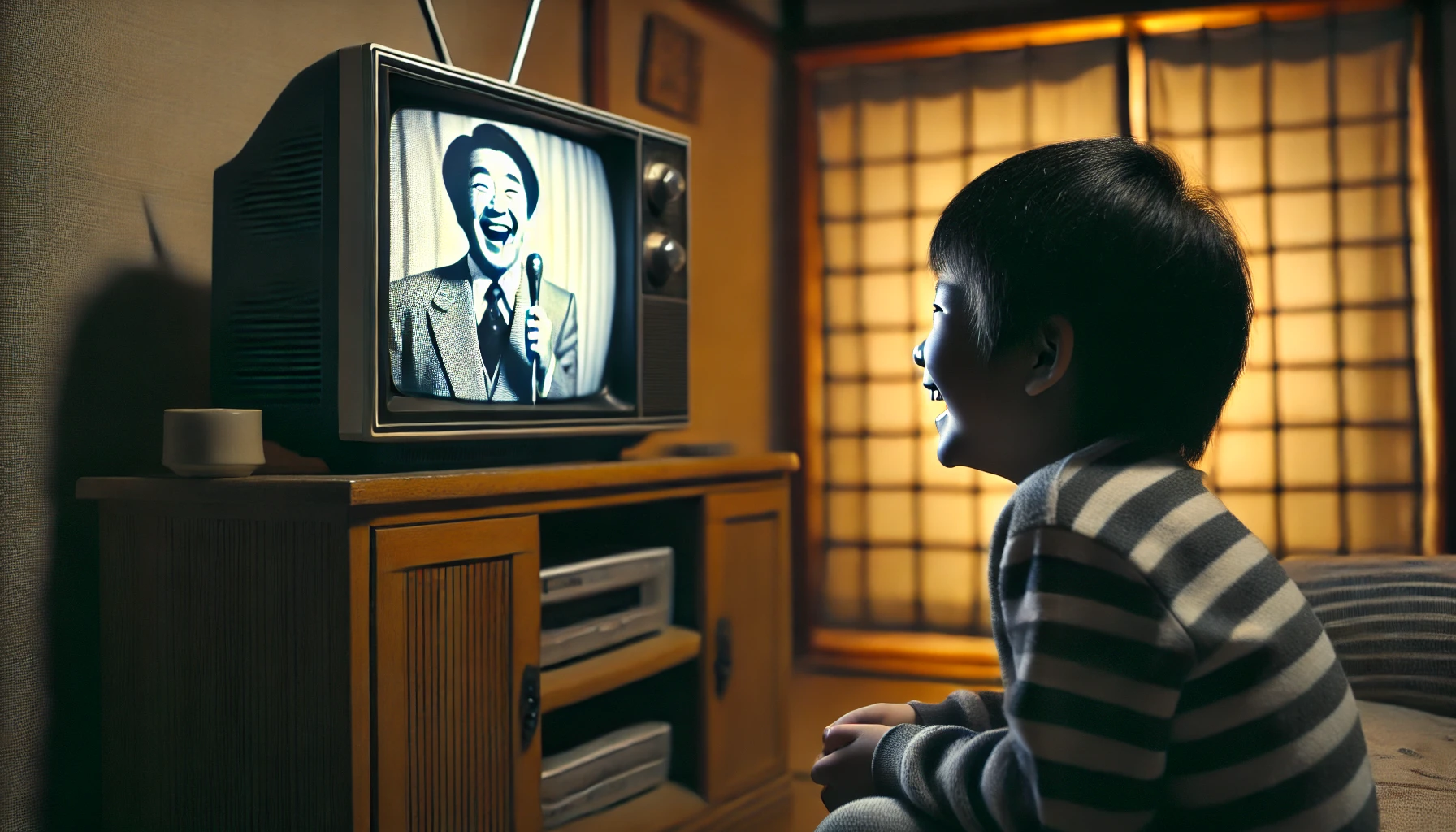 A nostalgic scene of a young Japanese boy watching a comedy show on TV. The room is dimly lit, and the boy is fully absorbed in the screen, laughing and enjoying the moment. The background subtly hints at a modest home setting, symbolizing how his childhood environment influenced his dreams of becoming a comedian.