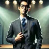 A stylish Japanese comedian, well-dressed in a modern suit, with glasses that add an intellectual touch. The setting is a stage with a spotlight, emphasizing his confident and charismatic appearance. The background is blurred to focus on his strong presence. The overall mood is cool and elegant.