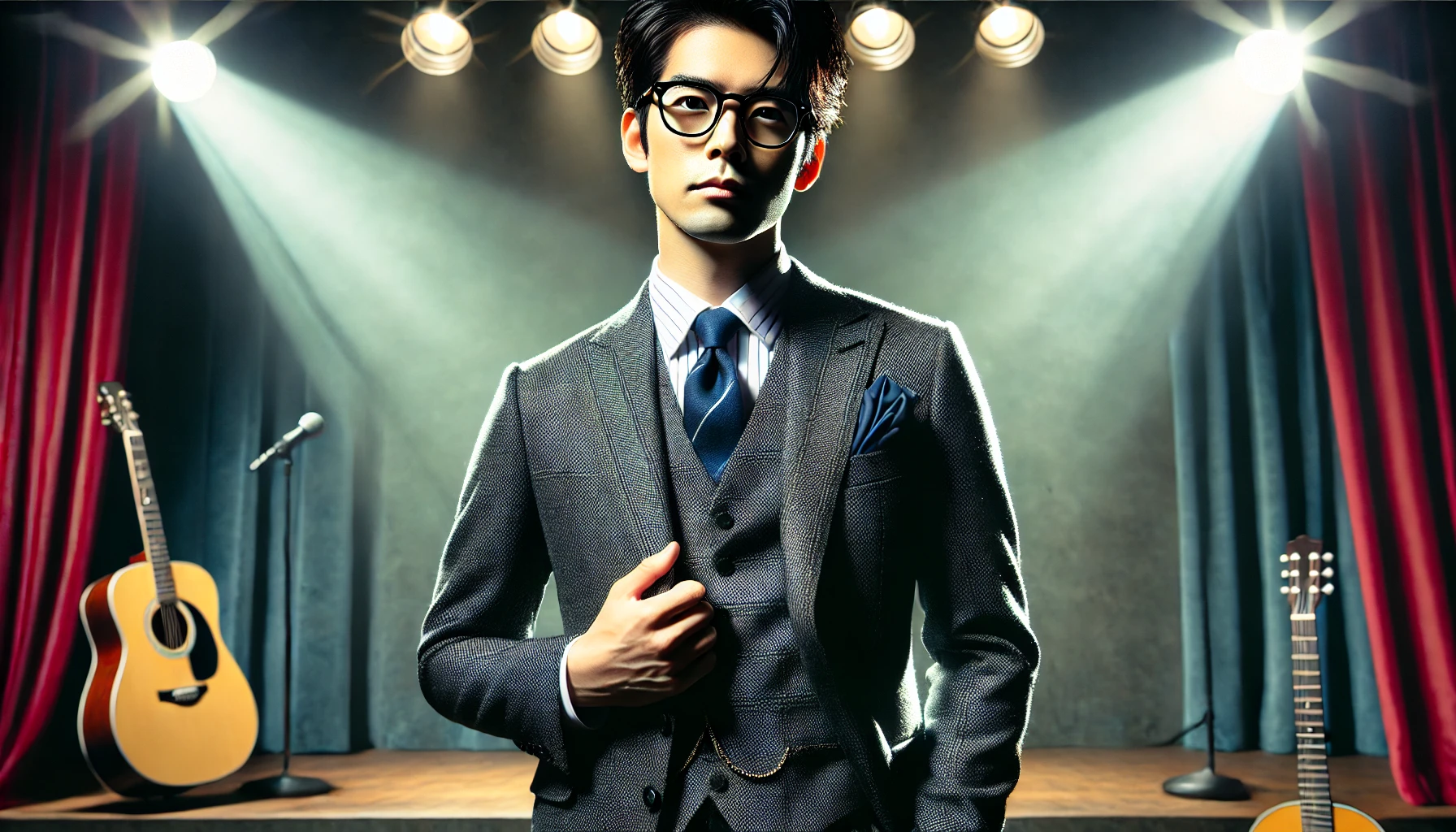 A stylish Japanese comedian, well-dressed in a modern suit, with glasses that add an intellectual touch. The setting is a stage with a spotlight, emphasizing his confident and charismatic appearance. The background is blurred to focus on his strong presence. The overall mood is cool and elegant.