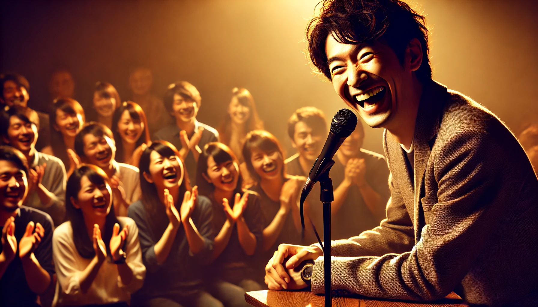 A Japanese comedian performing on stage, making the audience laugh with a witty joke. His expression is animated, showing his comedic charisma. The audience is engaged, laughing and clapping. The lighting is warm and inviting, emphasizing the fun and energetic atmosphere of the comedy show.