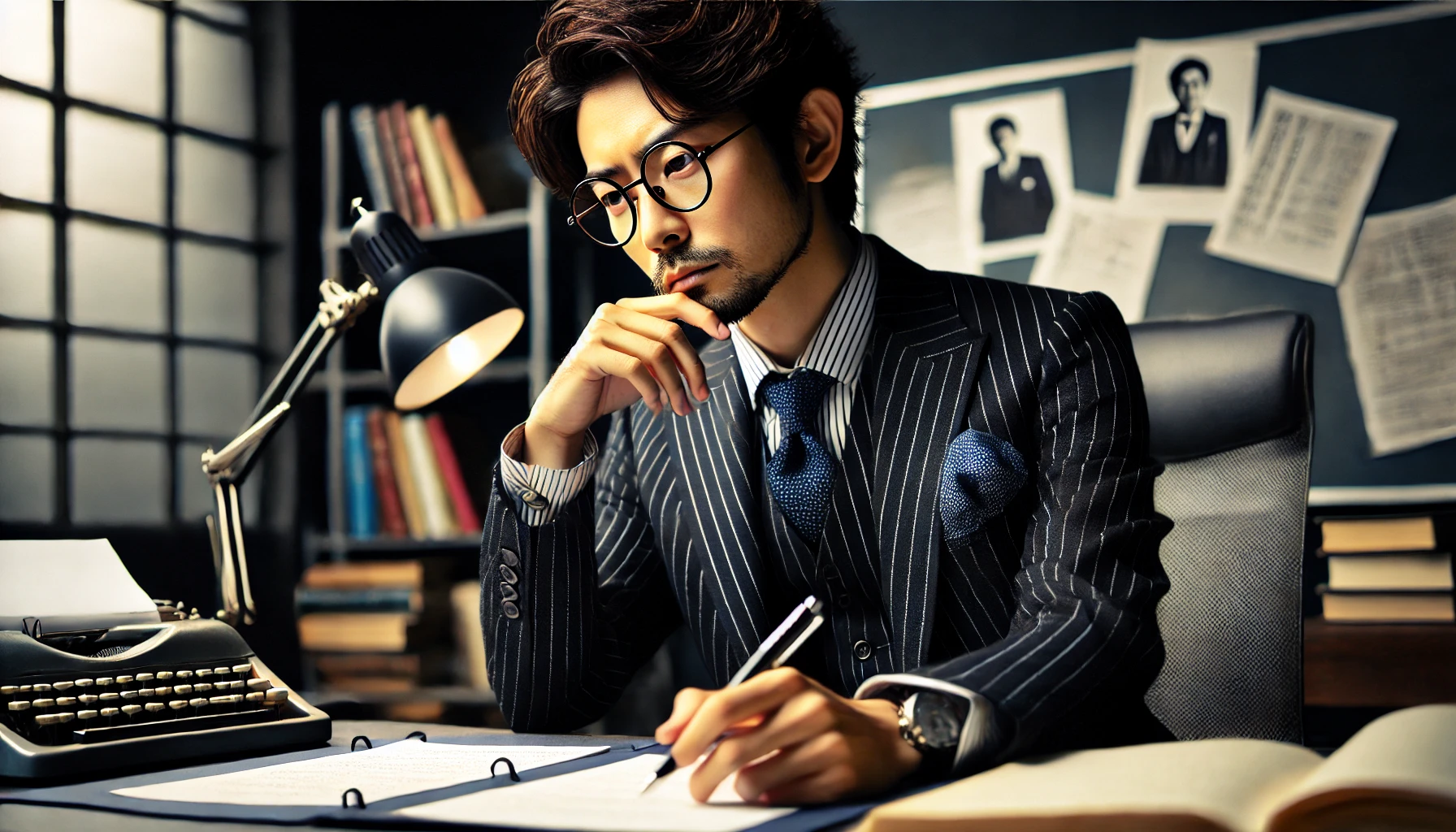 A Japanese comedian sitting at a desk, deep in thought while analyzing comedy scripts. He wears glasses and a stylish outfit, giving off an intellectual and sharp-witted vibe. The background features books and notes, emphasizing his intelligence and dedication to comedy writing.