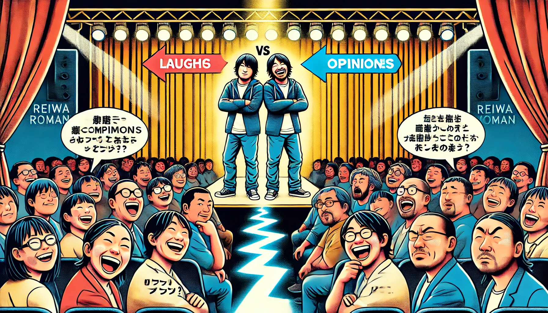 A visually engaging infographic illustrating the polarized opinions on the Japanese comedy duo Reiwa Roman. The image should have a split design: on one side, a crowd laughing and enjoying their performance, and on the other side, a skeptical audience looking unimpressed. The background should be a comedy stage with bright lights. The text should be in Japanese, summarizing the concept of divided opinions.