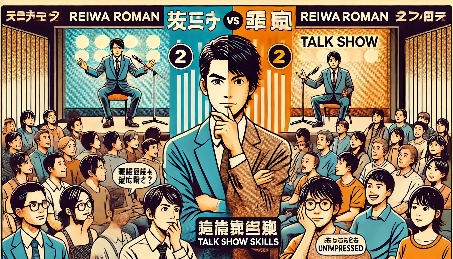 An infographic-style image showcasing the discussion around the Japanese comedy duo Reiwa Roman’s talk show skills. The design should depict a split view: on one side, a confident comedian speaking to an engaged audience, and on the other, a crowd looking unimpressed. The background should include a stage or radio studio setting, with Japanese text summarizing the debate.