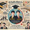 An infographic image illustrating the influence of high academic backgrounds on the Japanese comedy duo Reiwa Roman. The image should feature a split view: on one side, books, diplomas, and academic symbols, and on the other, a stage with comedians performing. The design should include Japanese text summarizing the debate on how their education affects their comedy.