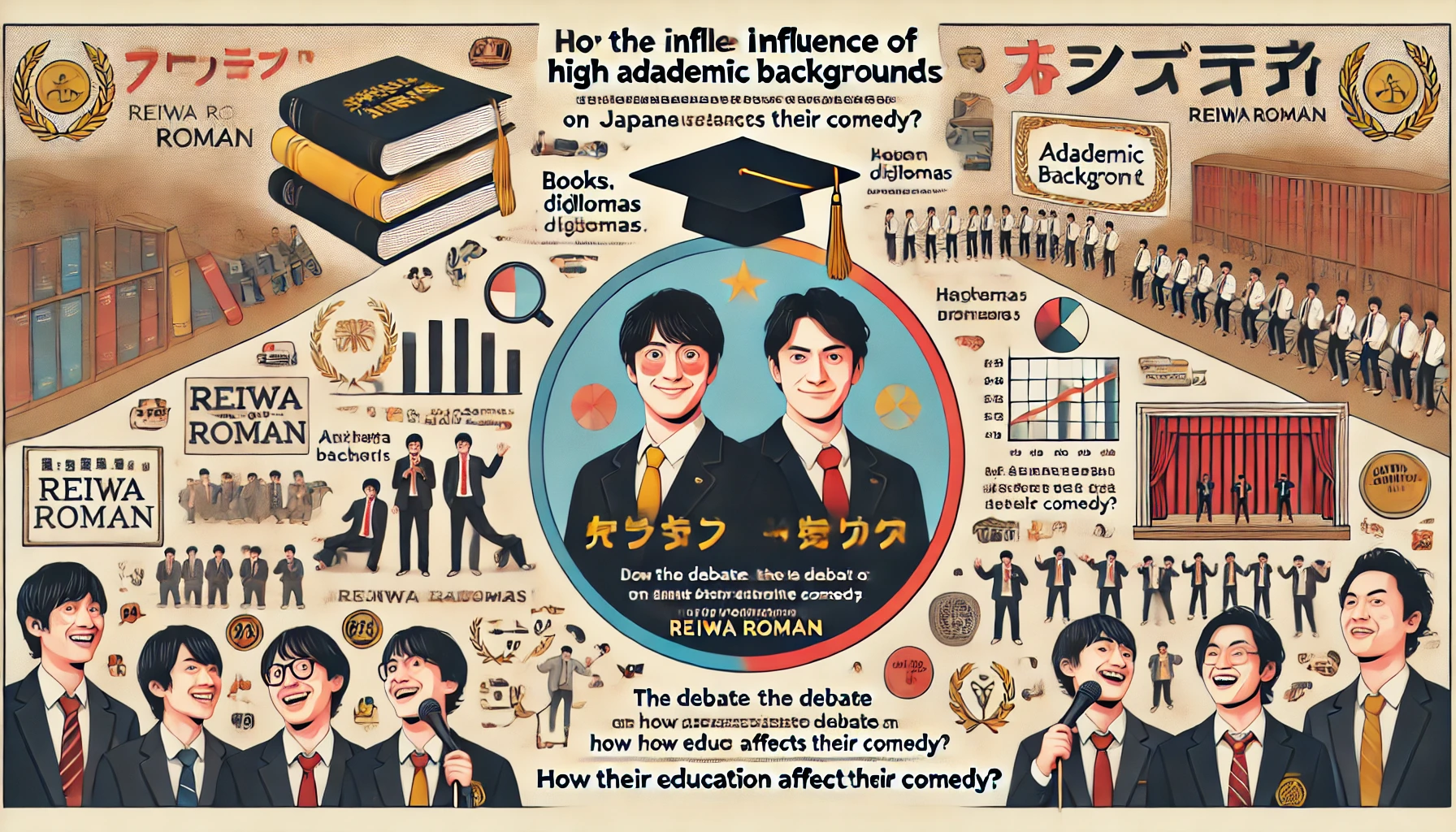 An infographic image illustrating the influence of high academic backgrounds on the Japanese comedy duo Reiwa Roman. The image should feature a split view: on one side, books, diplomas, and academic symbols, and on the other, a stage with comedians performing. The design should include Japanese text summarizing the debate on how their education affects their comedy.