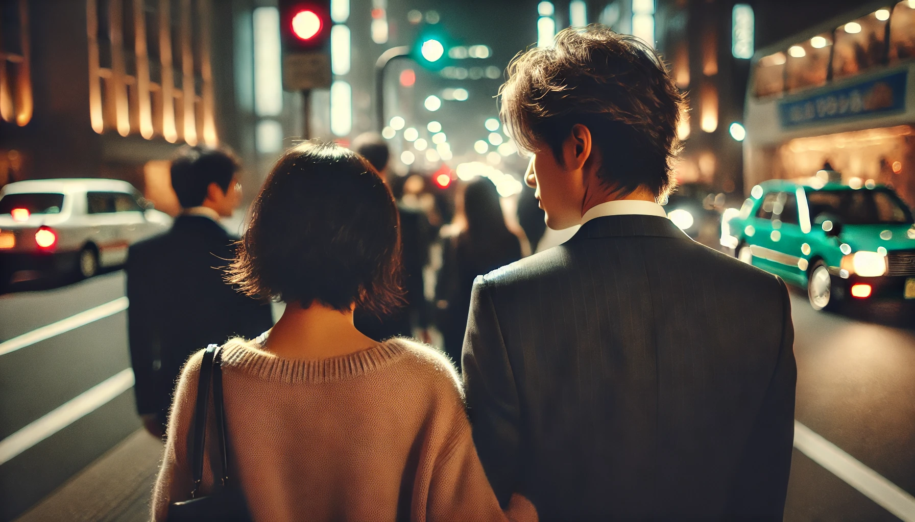 A Japanese male comedian in his late 20s or early 30s, stylishly dressed, walking with a woman at night in an urban area. The setting should resemble a paparazzi-style date scene, with dim lighting and a romantic atmosphere. The focus is on their backs or side profiles, keeping their identities slightly ambiguous.