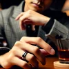 A Japanese male comedian in his late 20s or early 30s wearing a stylish outfit, focusing on his left hand with a noticeable ring on his ring finger. The background is blurred, emphasizing the mystery of the ring’s significance.