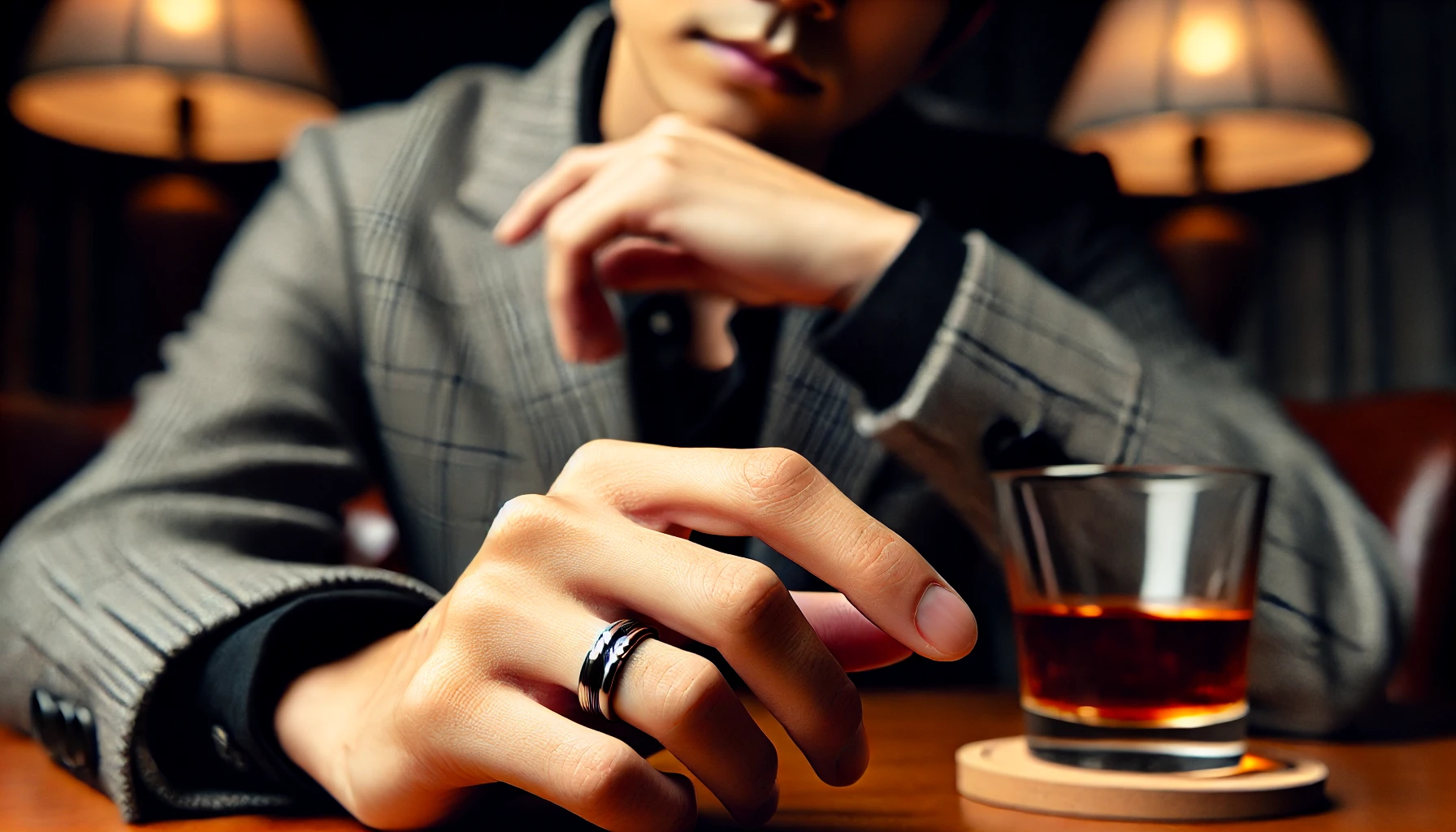 A Japanese male comedian in his late 20s or early 30s wearing a stylish outfit, focusing on his left hand with a noticeable ring on his ring finger. The background is blurred, emphasizing the mystery of the ring’s significance.