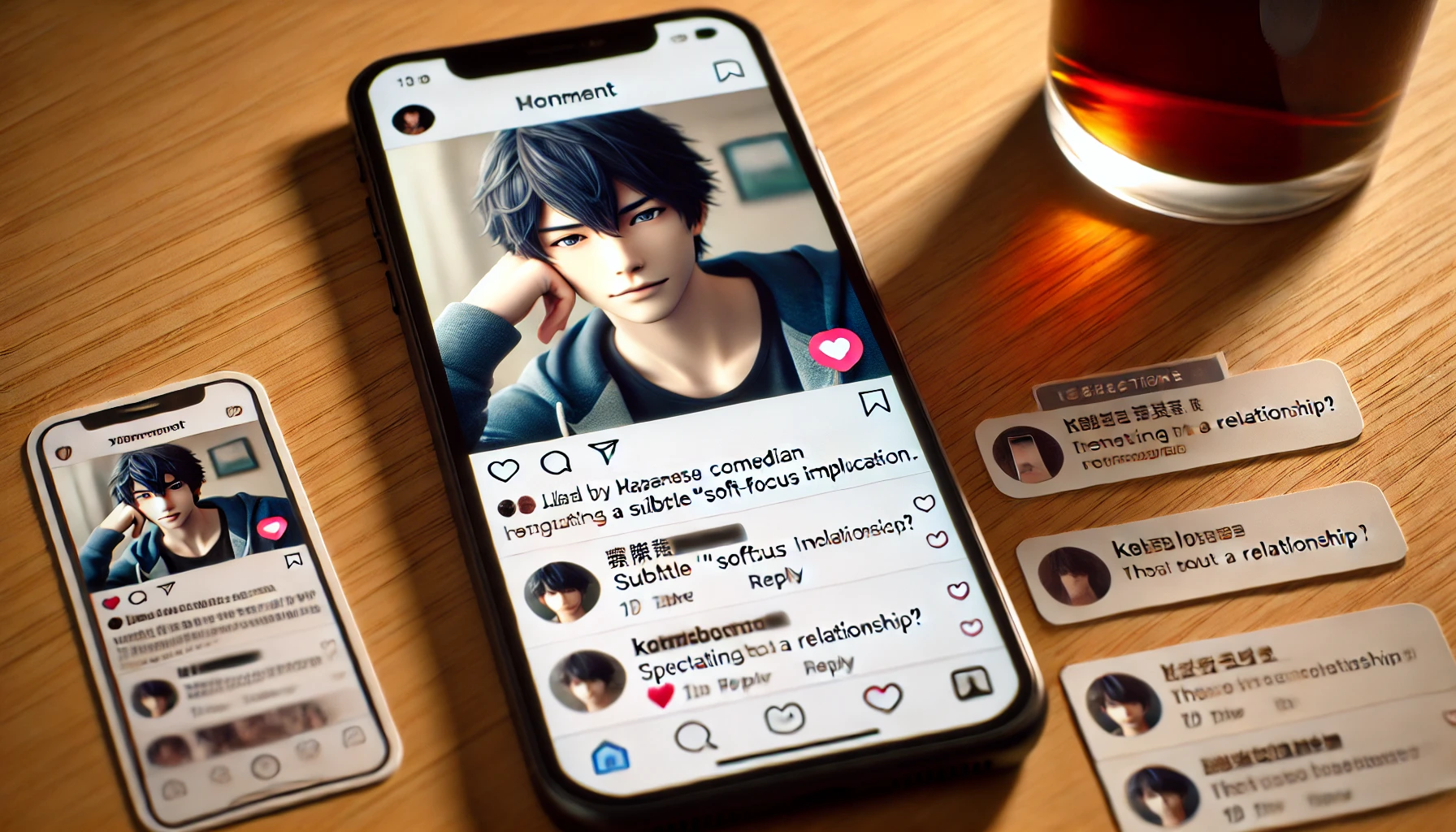 A smartphone screen displaying a Japanese male comedian’s social media profile, featuring a post with a subtle 'soft-focus' image suggesting a romantic implication. The comment section has reactions from fans speculating about a relationship. The setting is modern and digital.